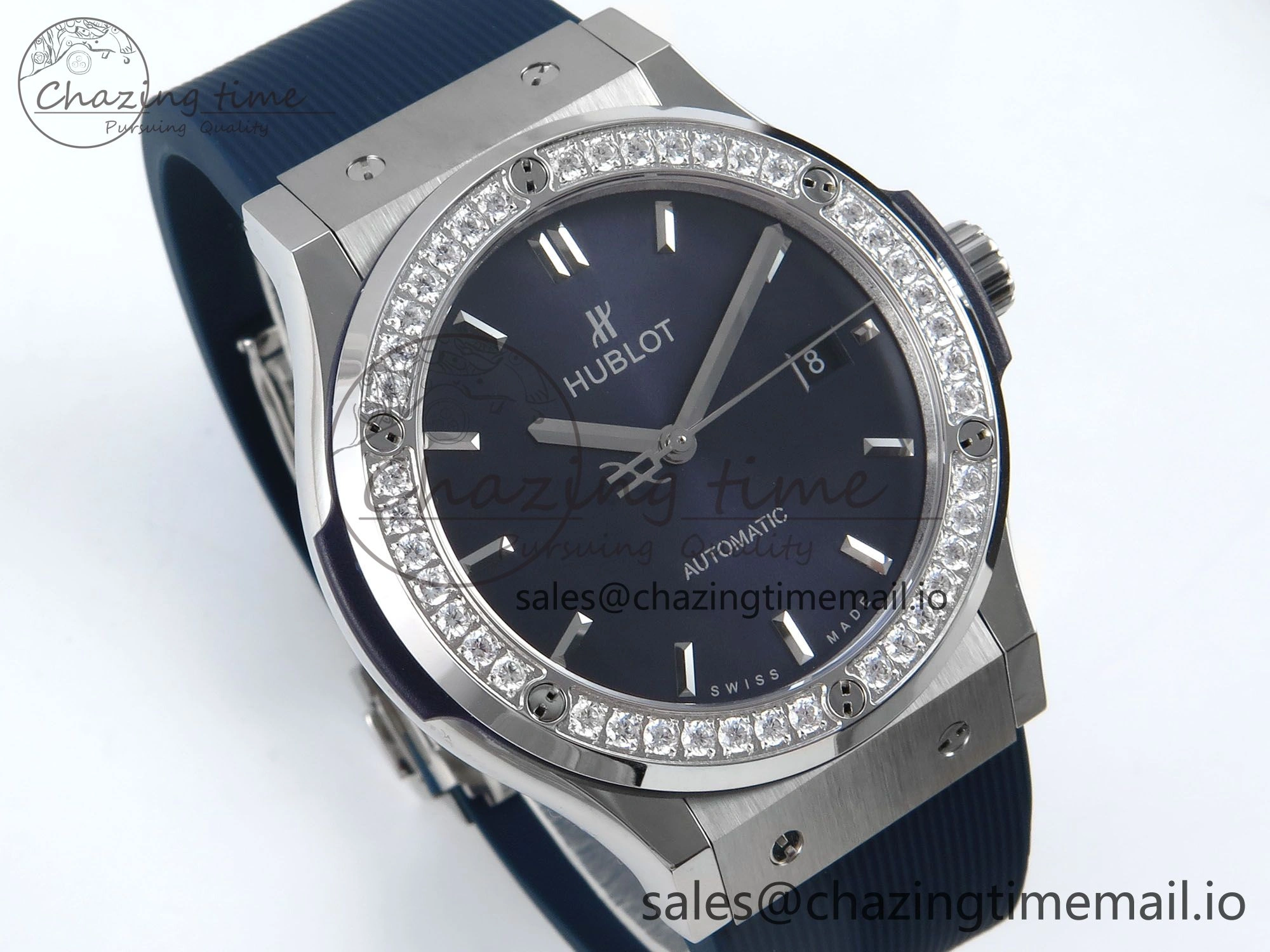 Classic Fusion Bang 42mm HBF 1:1 Best Edition Blue Dial Diamonds Bezel on Blue Rubber Strap A2892