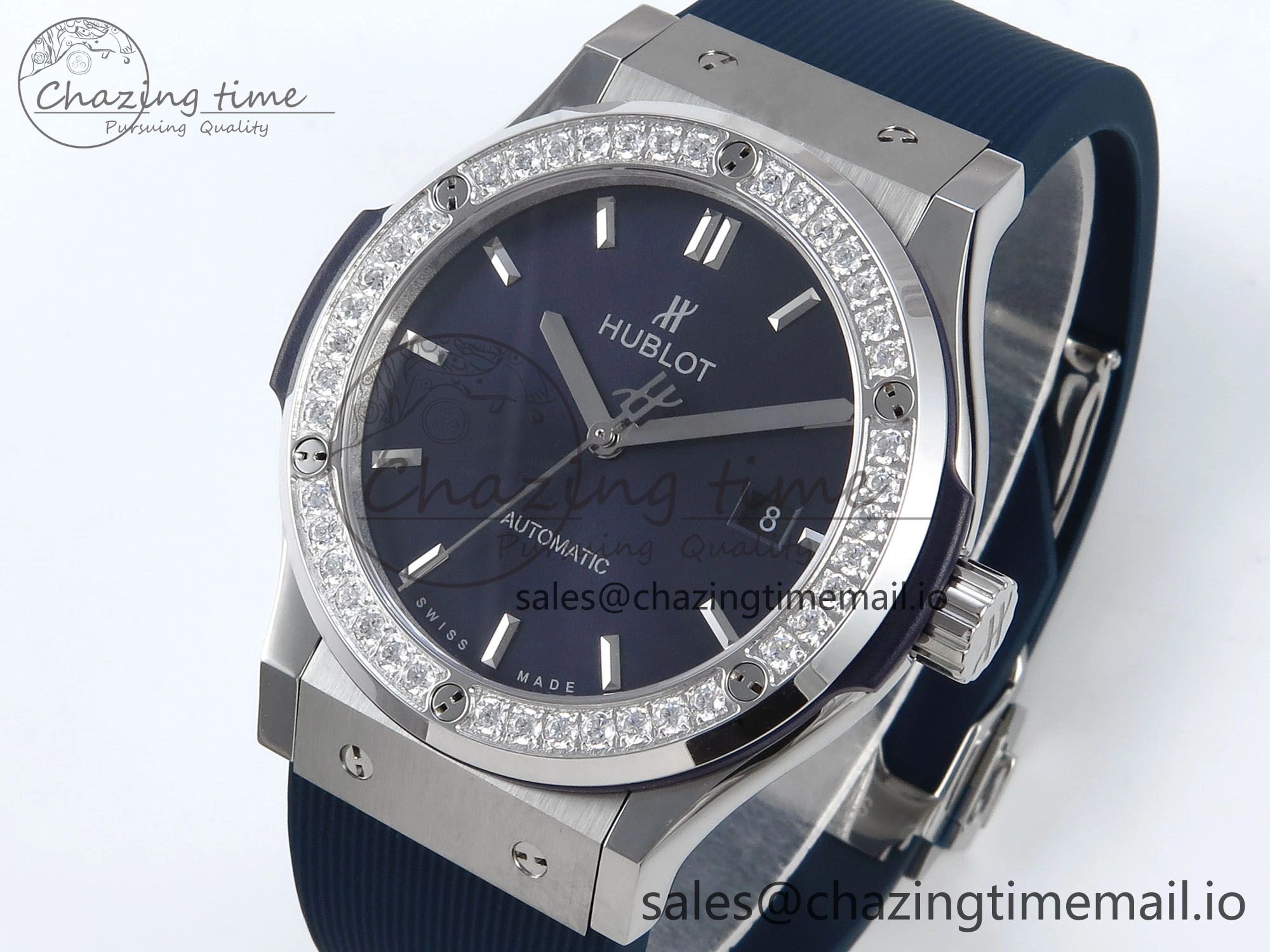 Classic Fusion Bang 42mm HBF 1:1 Best Edition Blue Dial Diamonds Bezel on Blue Rubber Strap A2892