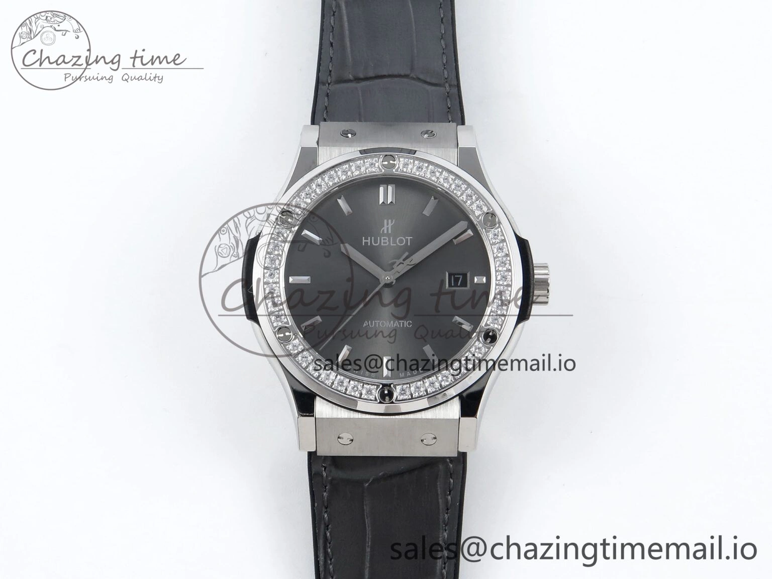 Classic Fusion Bang 42mm HBF 1:1 Best Edition Gray Dial Diamonds Bezel on Gray Leather Strap A2892