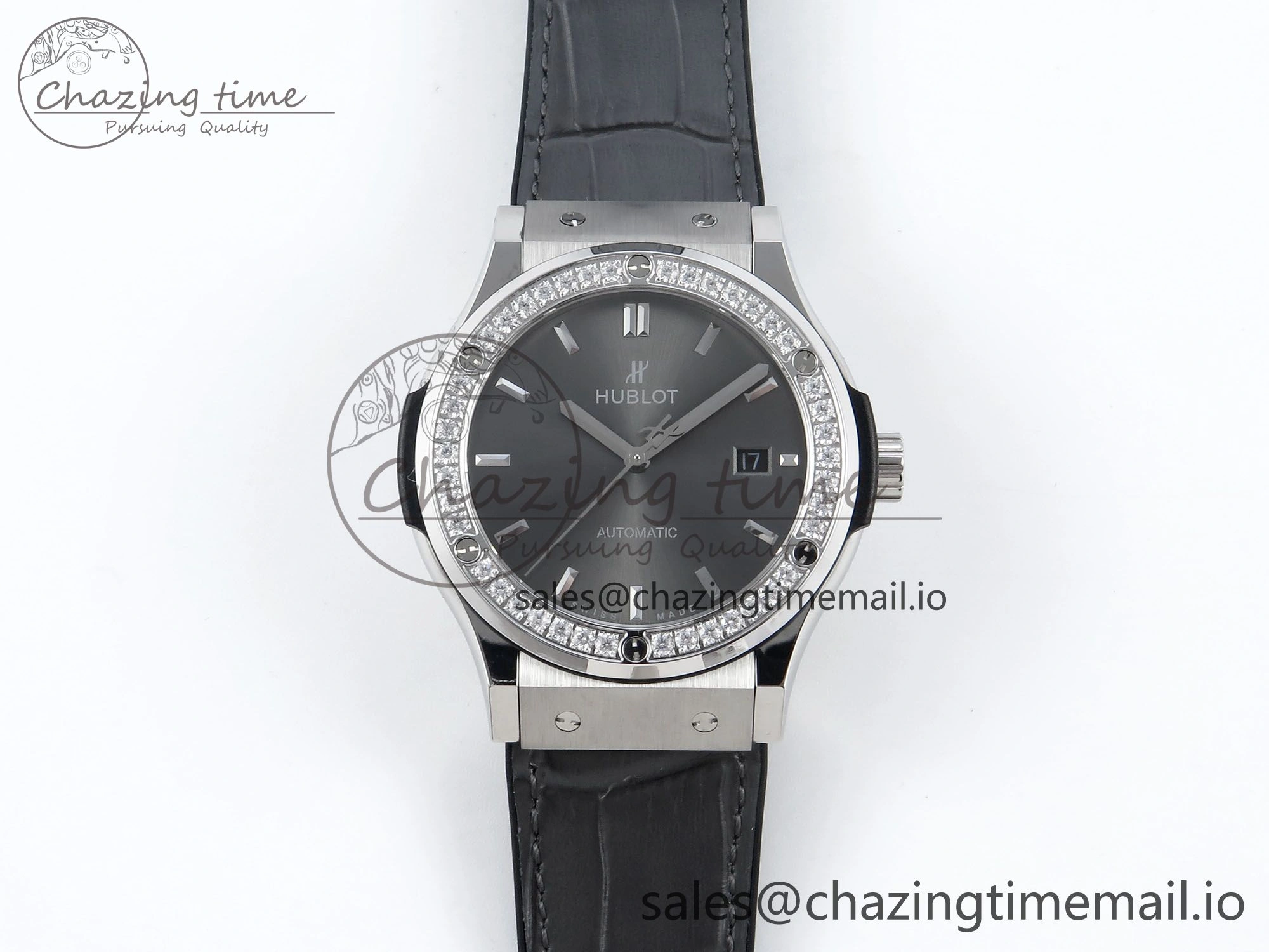 Classic Fusion Bang 42mm HBF 1:1 Best Edition Gray Dial Diamonds Bezel on Gray Leather Strap A2892