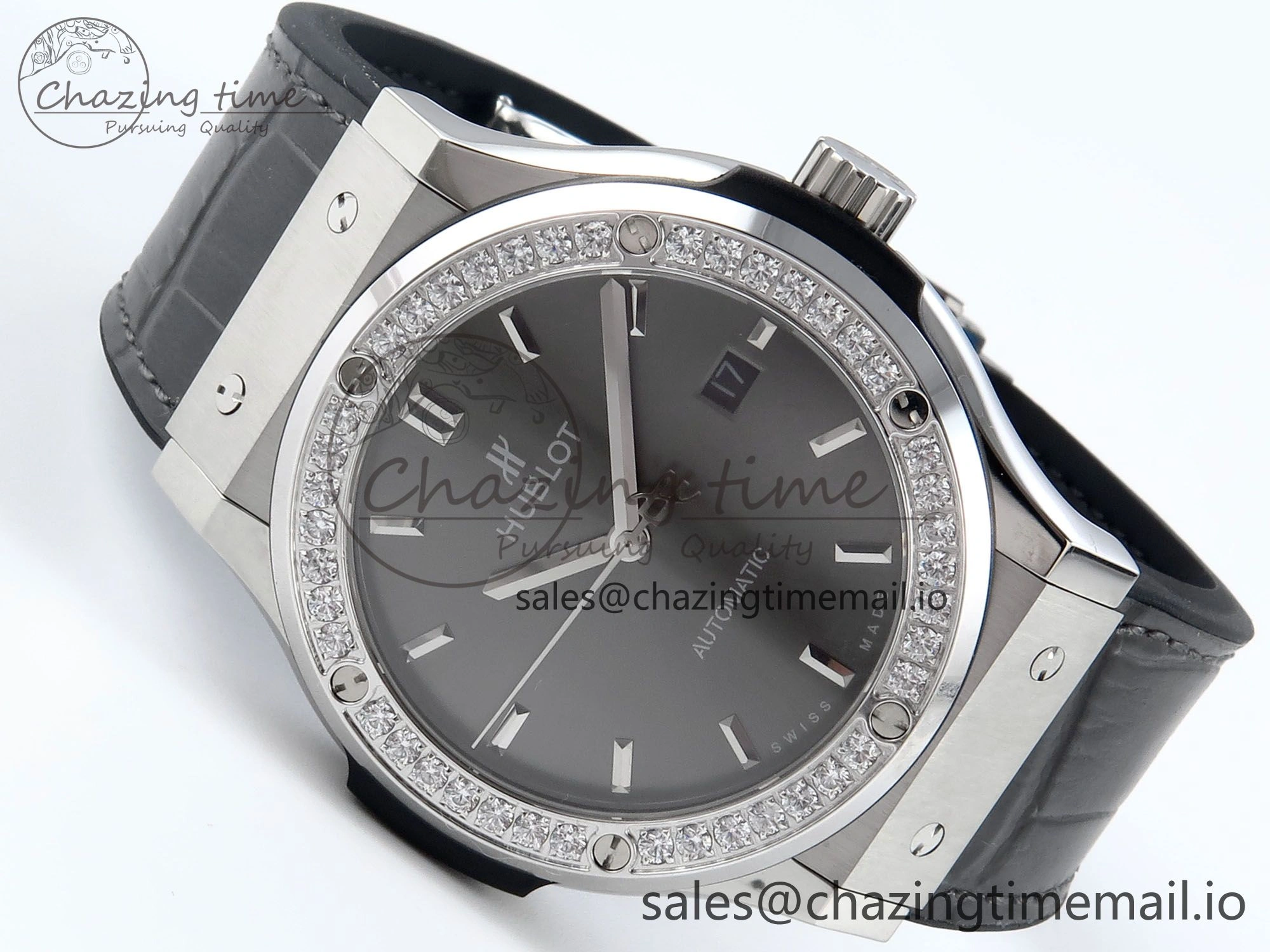 Classic Fusion Bang 42mm HBF 1:1 Best Edition Gray Dial Diamonds Bezel on Gray Leather Strap A2892