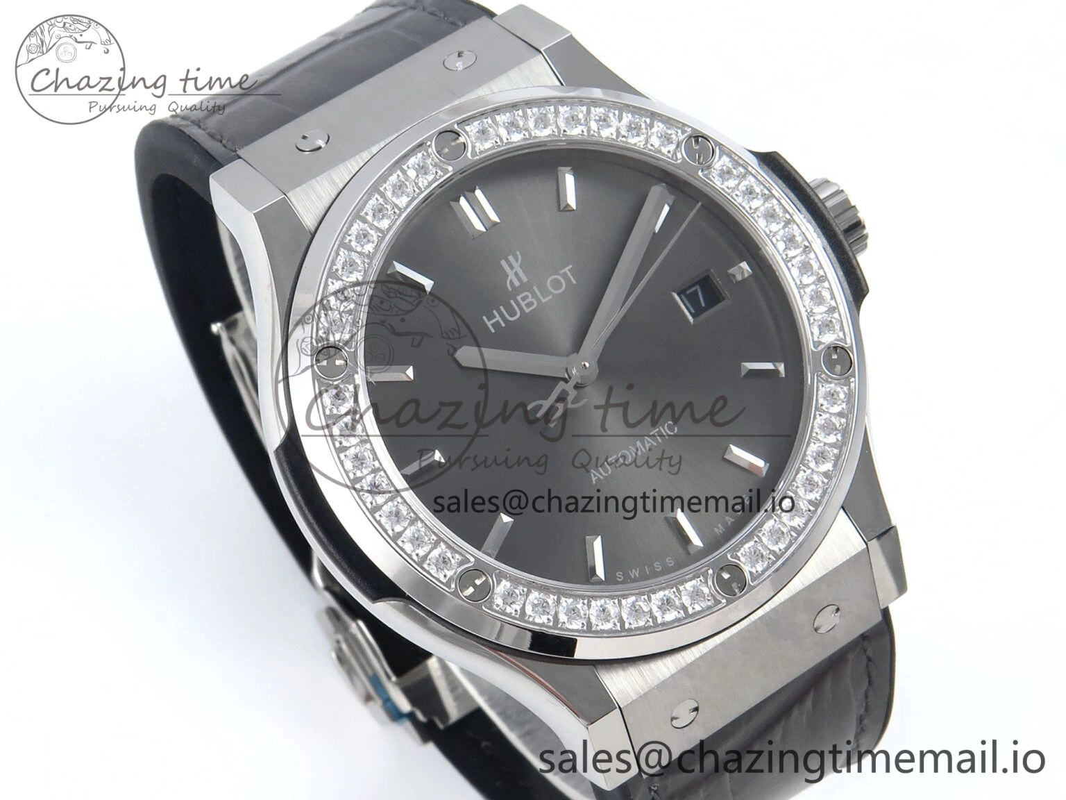 Classic Fusion Bang 42mm HBF 1:1 Best Edition Gray Dial Diamonds Bezel on Gray Leather Strap A2892