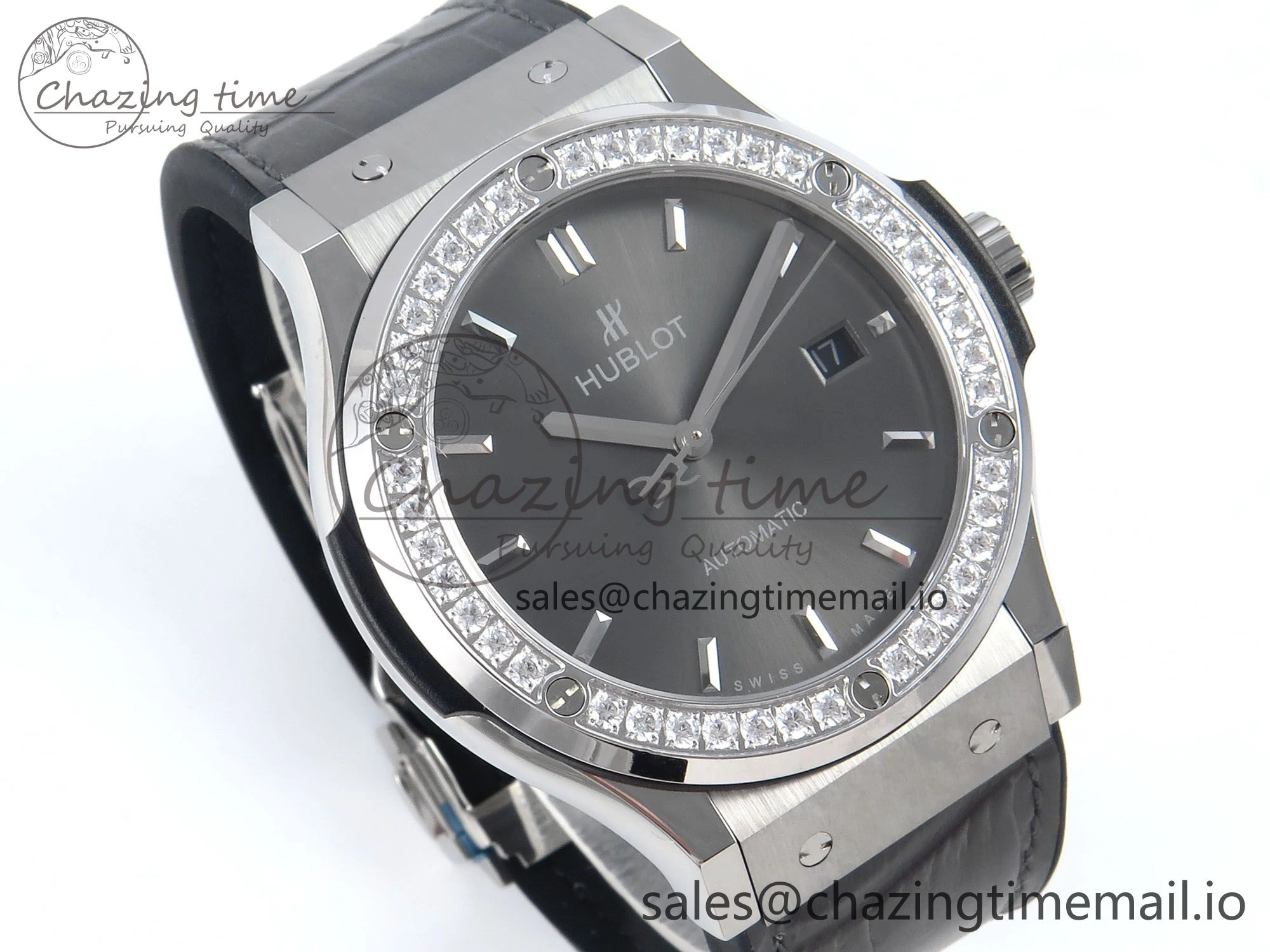 Classic Fusion Bang 42mm HBF 1:1 Best Edition Gray Dial Diamonds Bezel on Gray Leather Strap A2892
