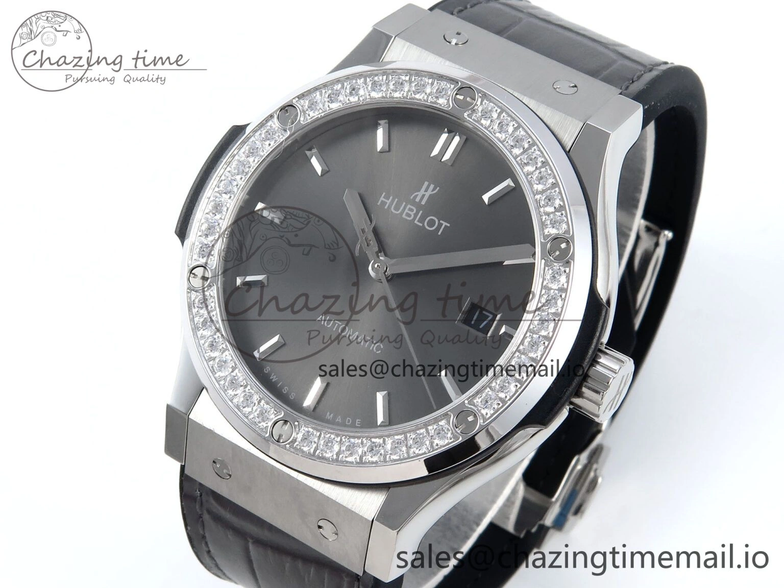 Classic Fusion Bang 42mm HBF 1:1 Best Edition Gray Dial Diamonds Bezel on Gray Leather Strap A2892