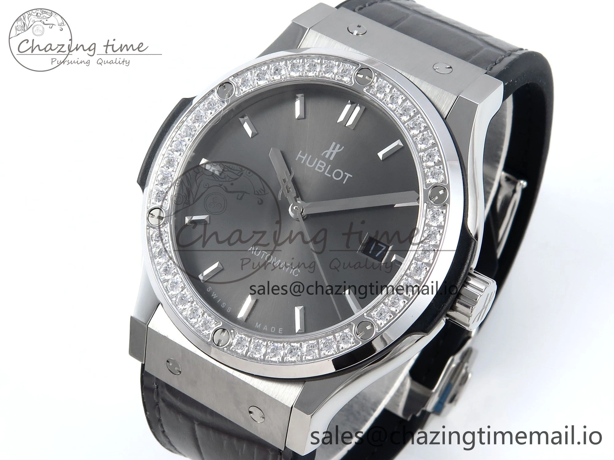 Classic Fusion Bang 42mm HBF 1:1 Best Edition Gray Dial Diamonds Bezel on Gray Leather Strap A2892