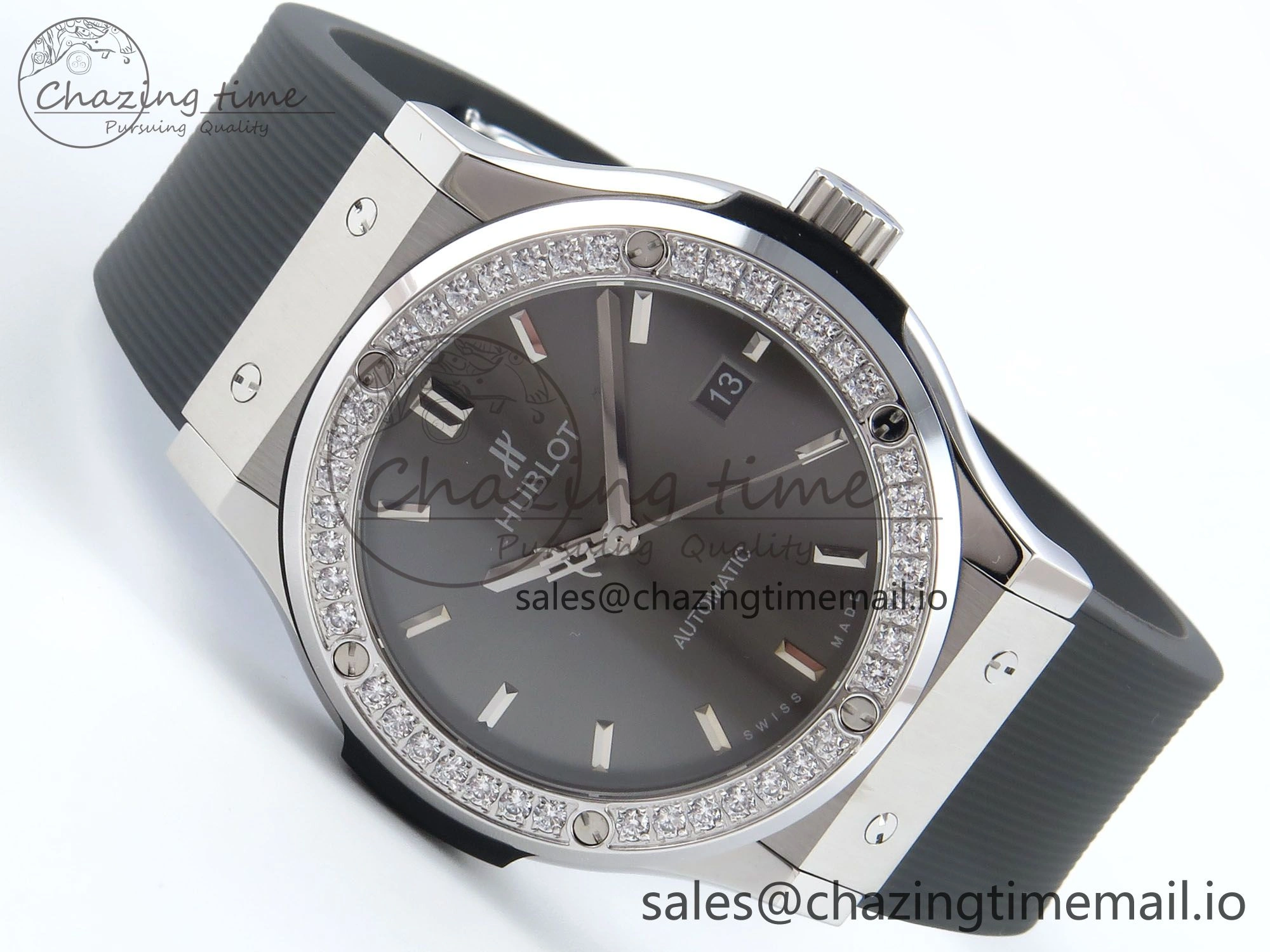 Classic Fusion Bang 42mm HBF 1:1 Best Edition Gray Dial Diamonds Bezel on Gray Rubber Strap A2892