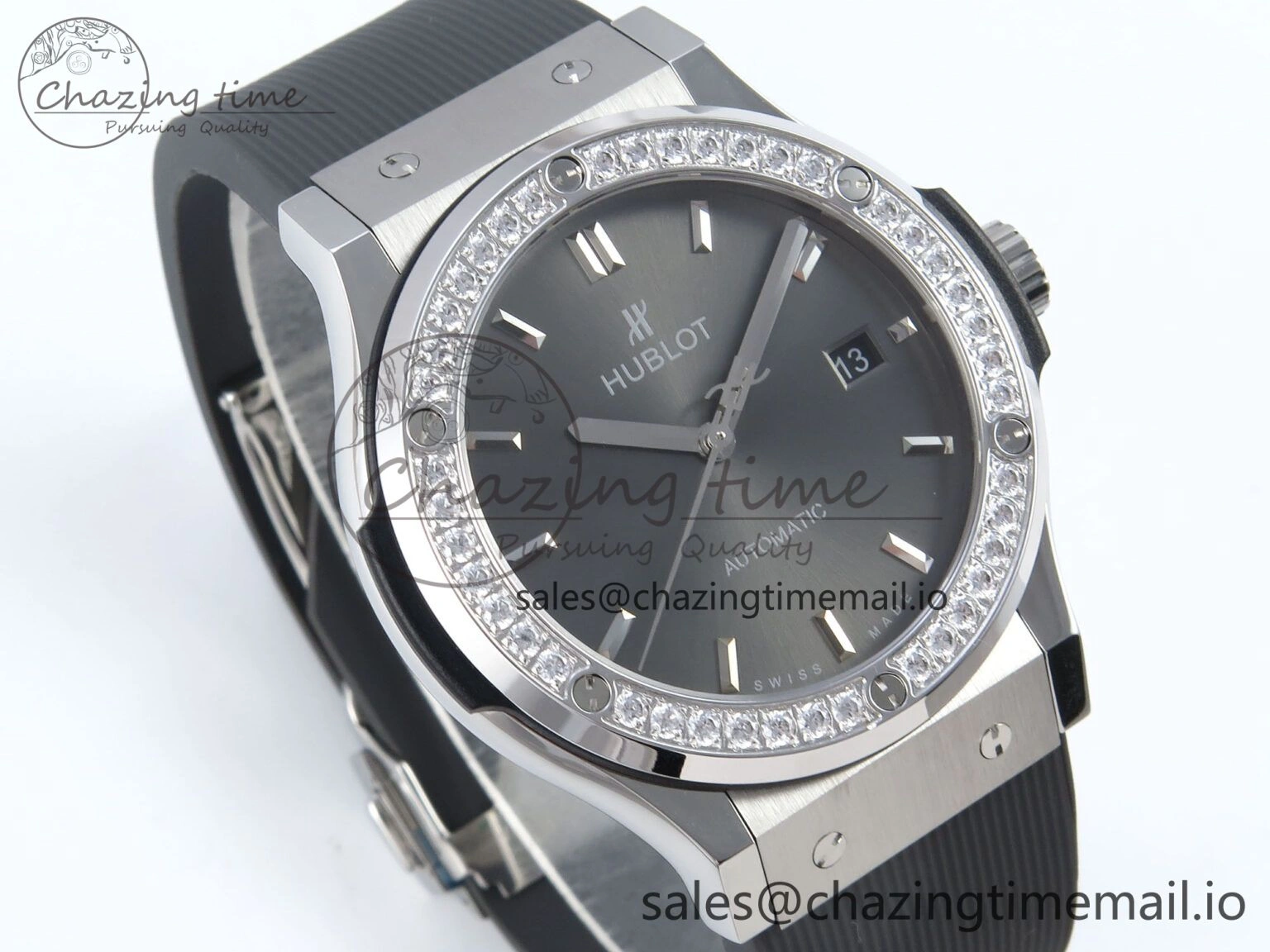 Classic Fusion Bang 42mm HBF 1:1 Best Edition Gray Dial Diamonds Bezel on Gray Rubber Strap A2892