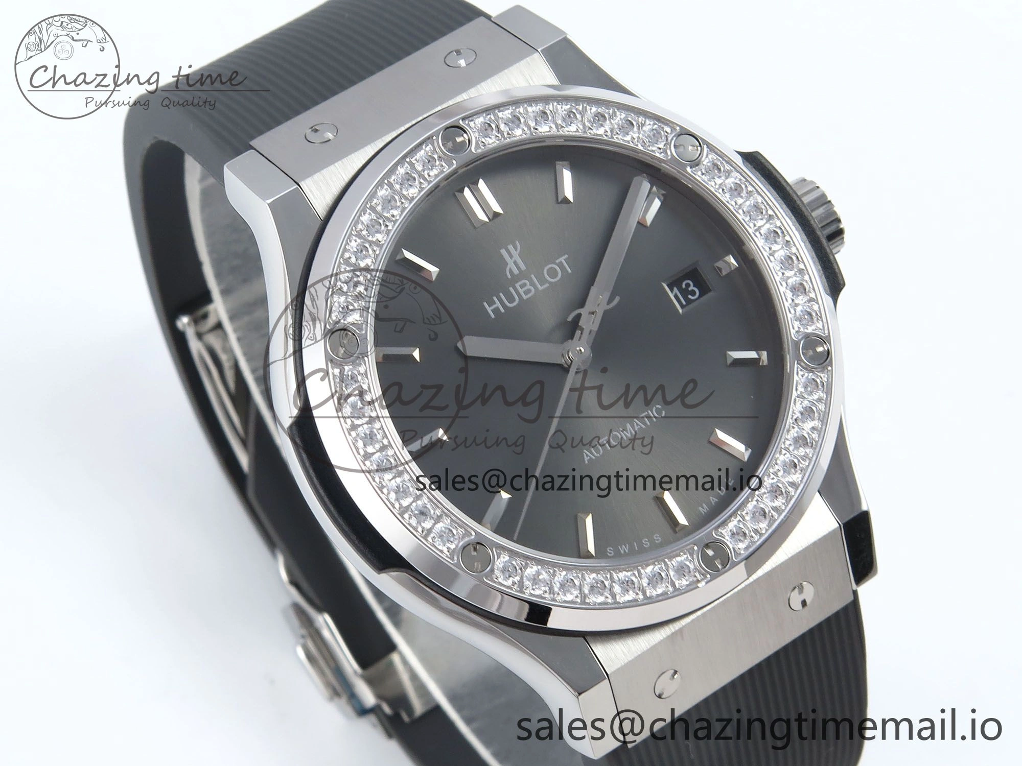 Classic Fusion Bang 42mm HBF 1:1 Best Edition Gray Dial Diamonds Bezel on Gray Rubber Strap A2892