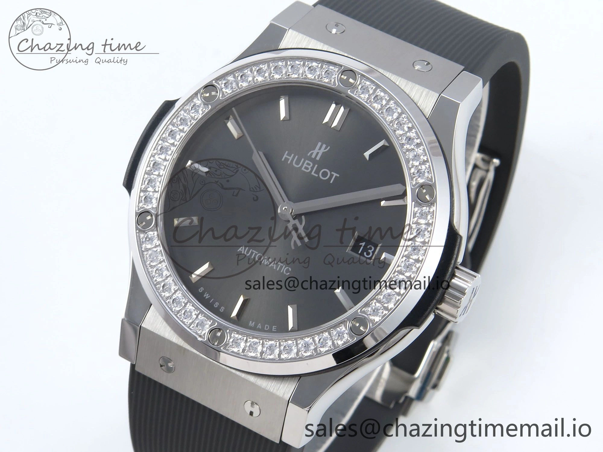 Classic Fusion Bang 42mm HBF 1:1 Best Edition Gray Dial Diamonds Bezel on Gray Rubber Strap A2892