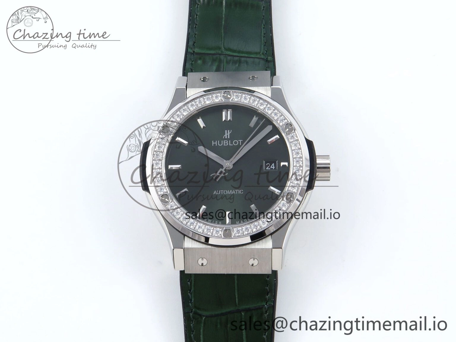 Classic Fusion Bang 42mm HBF 1:1 Best Edition Green Dial Diamonds Bezel on Green Leather Strap A2892