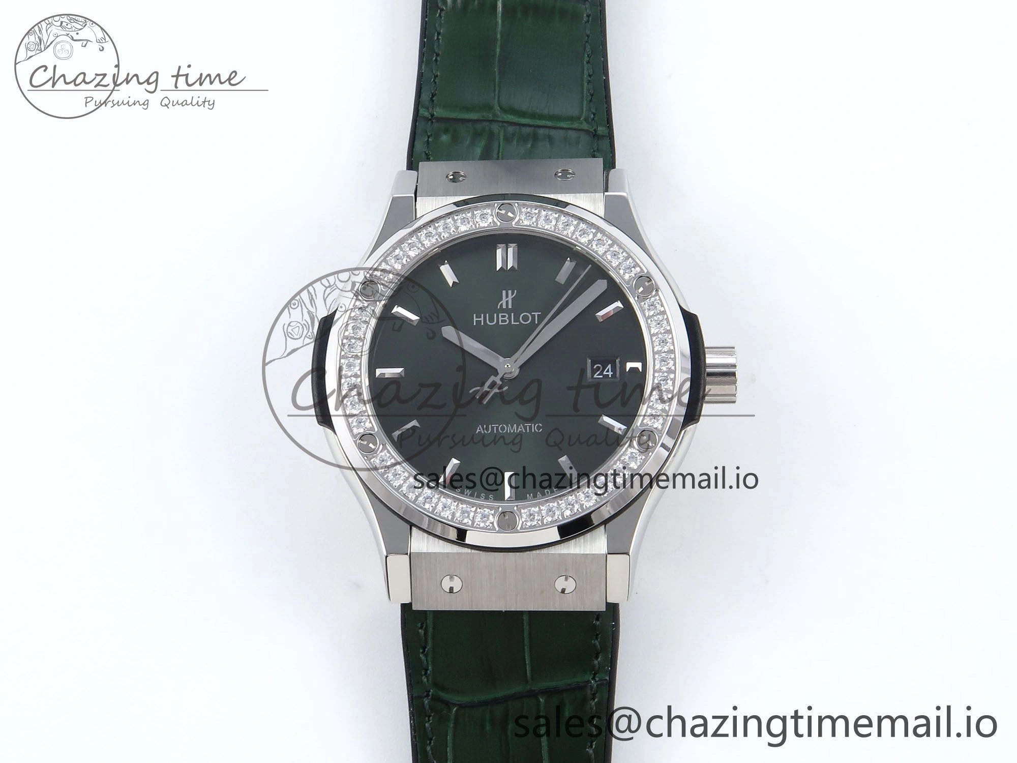 Classic Fusion Bang 42mm HBF 1:1 Best Edition Green Dial Diamonds Bezel on Green Leather Strap A2892