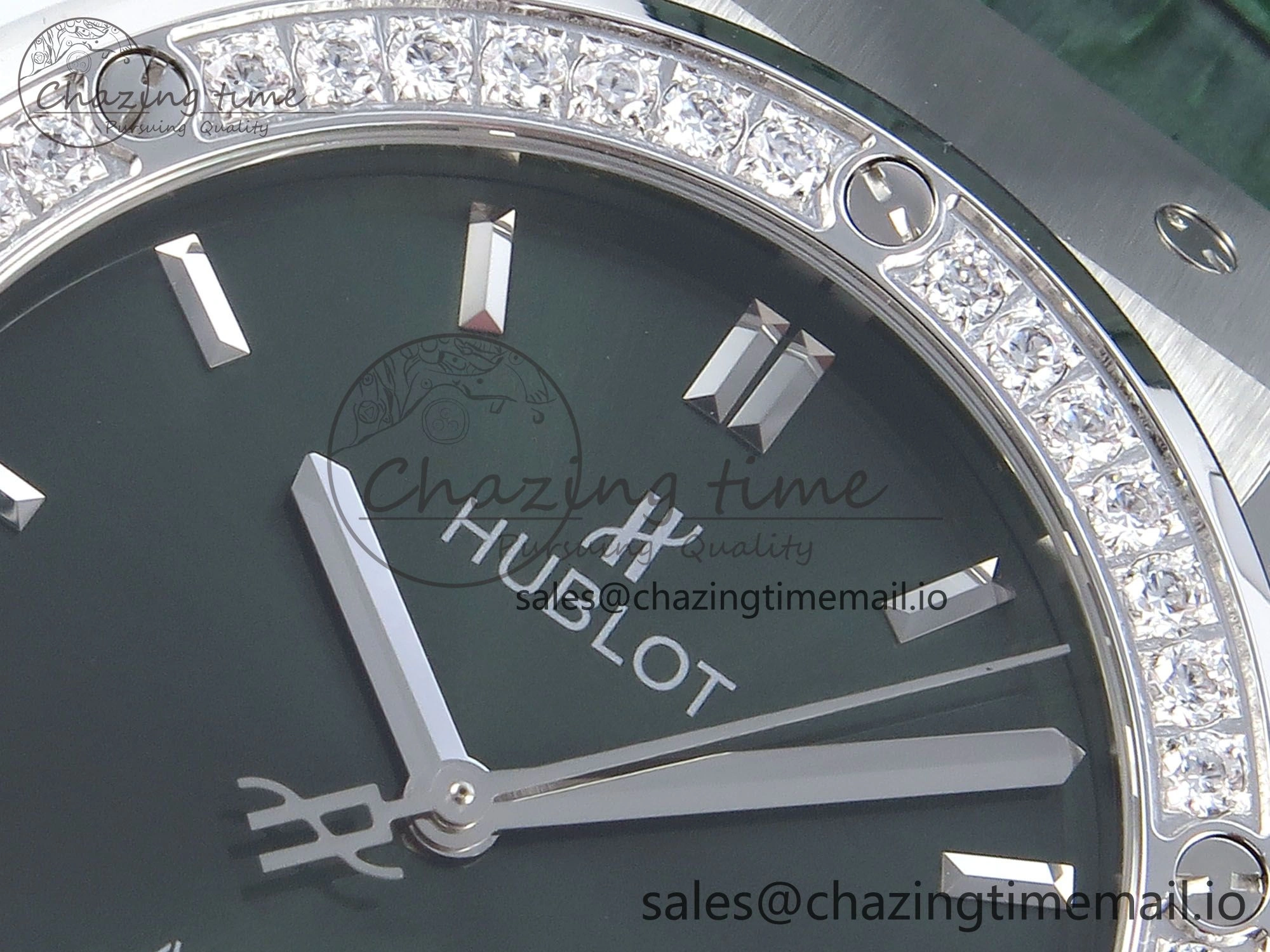 Classic Fusion Bang 42mm HBF 1:1 Best Edition Green Dial Diamonds Bezel on Green Leather Strap A2892