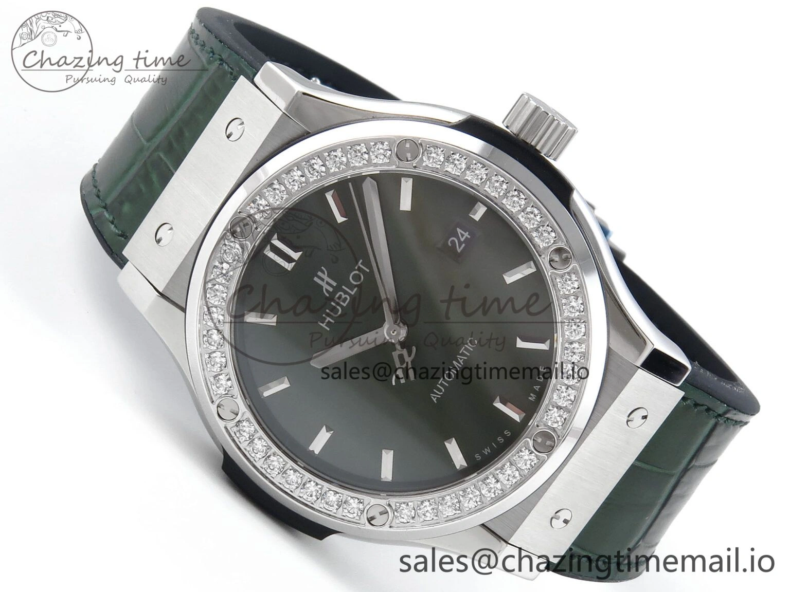 Classic Fusion Bang 42mm HBF 1:1 Best Edition Green Dial Diamonds Bezel on Green Leather Strap A2892