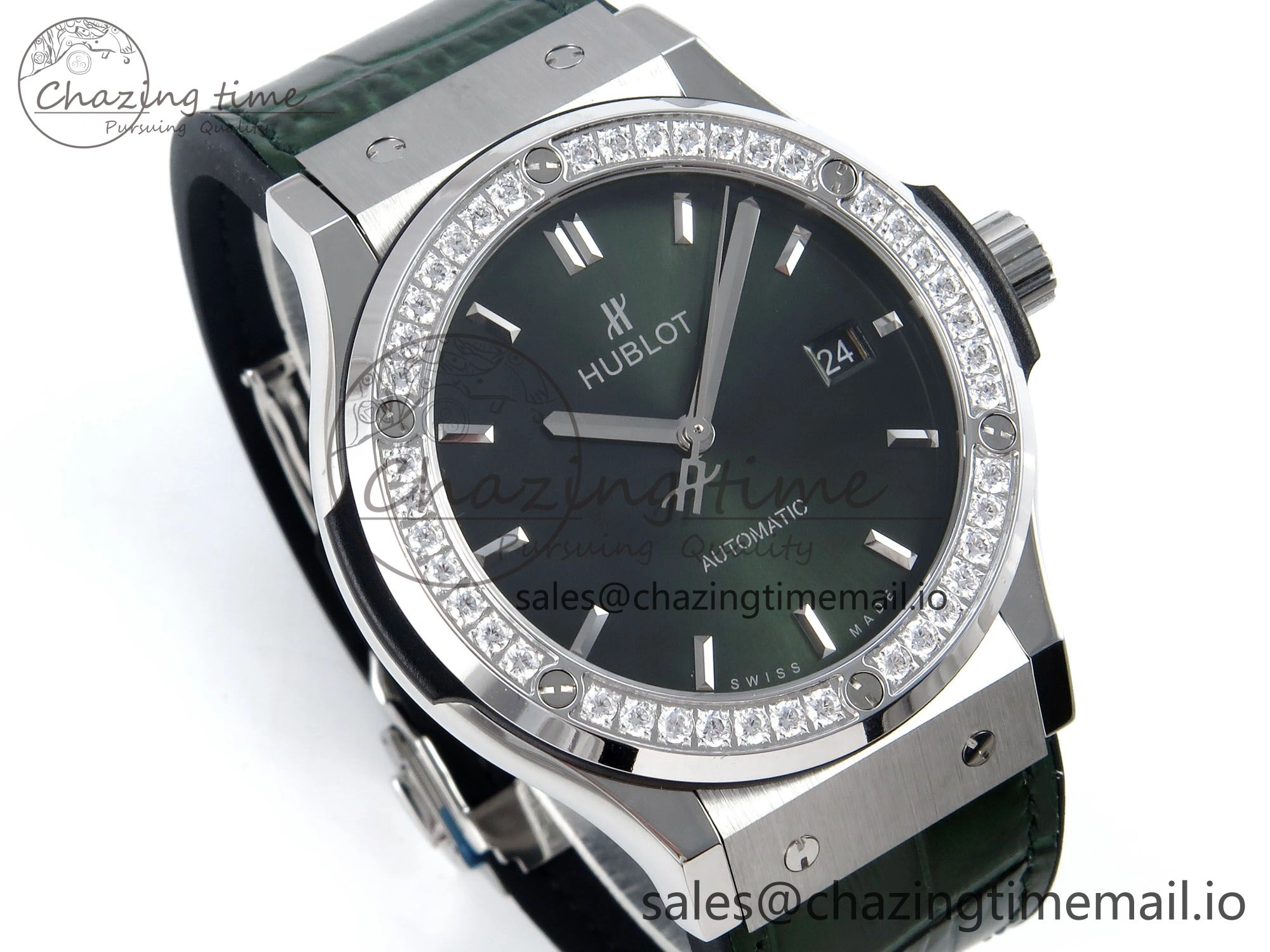 Classic Fusion Bang 42mm HBF 1:1 Best Edition Green Dial Diamonds Bezel on Green Leather Strap A2892