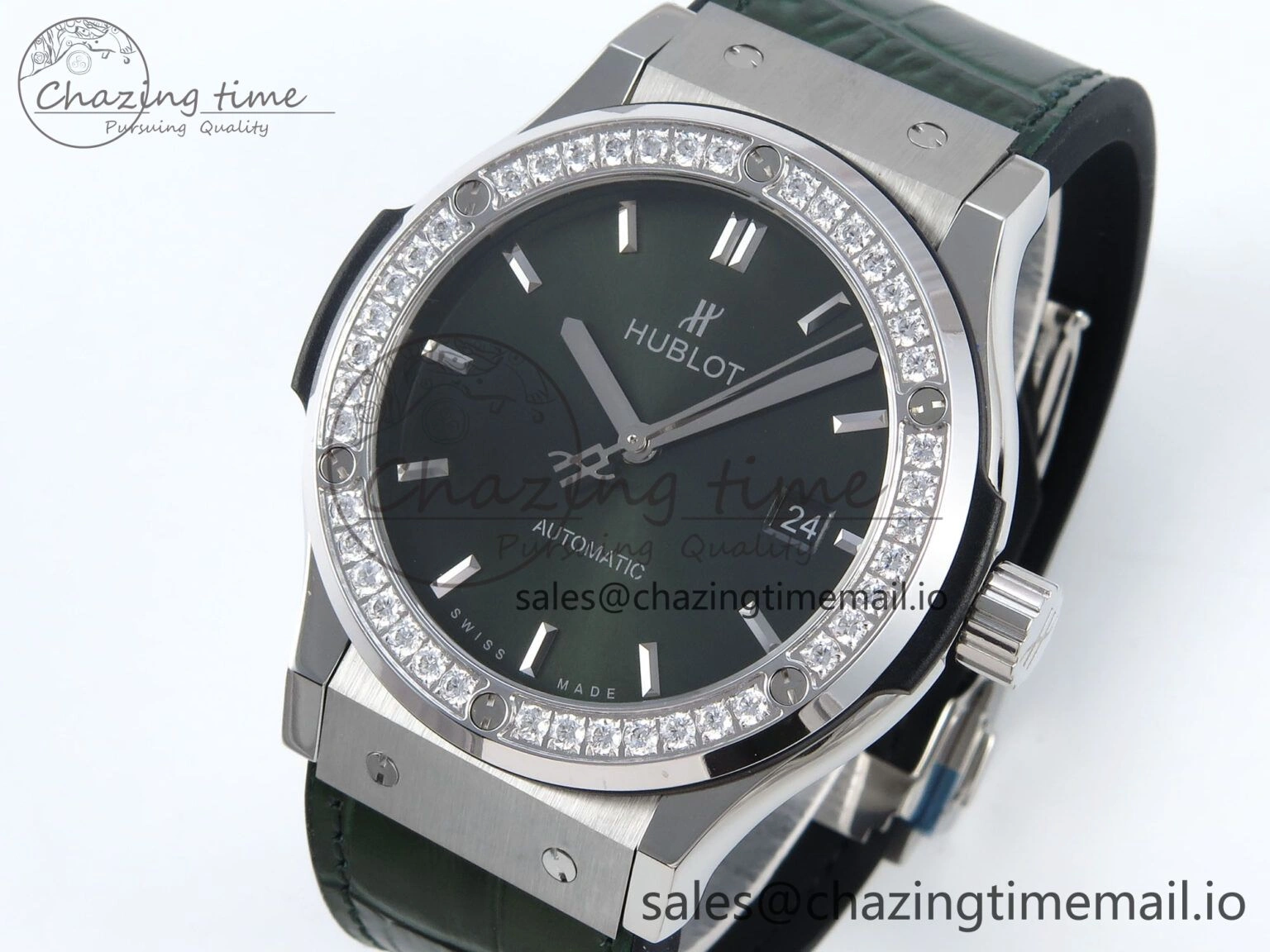 Classic Fusion Bang 42mm HBF 1:1 Best Edition Green Dial Diamonds Bezel on Green Leather Strap A2892