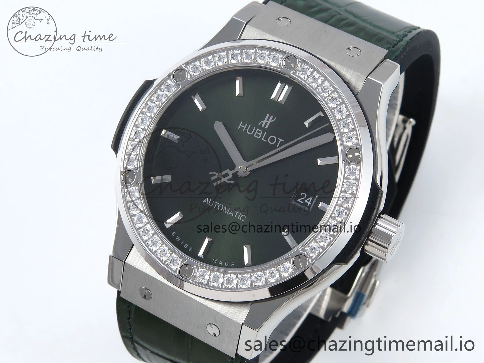 Classic Fusion Bang 42mm HBF 1:1 Best Edition Green Dial Diamonds Bezel on Green Leather Strap A2892