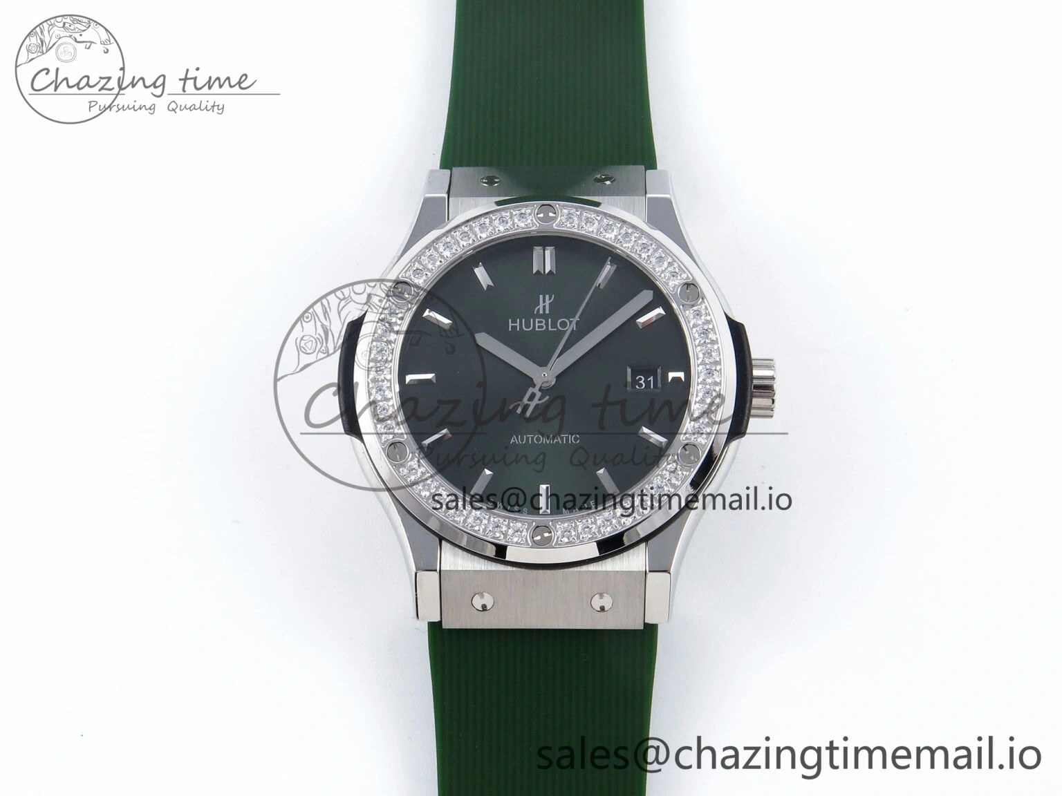 Classic Fusion Bang 42mm HBF 1:1 Best Edition Green Dial Diamonds Bezel on Green Rubber Strap A2892