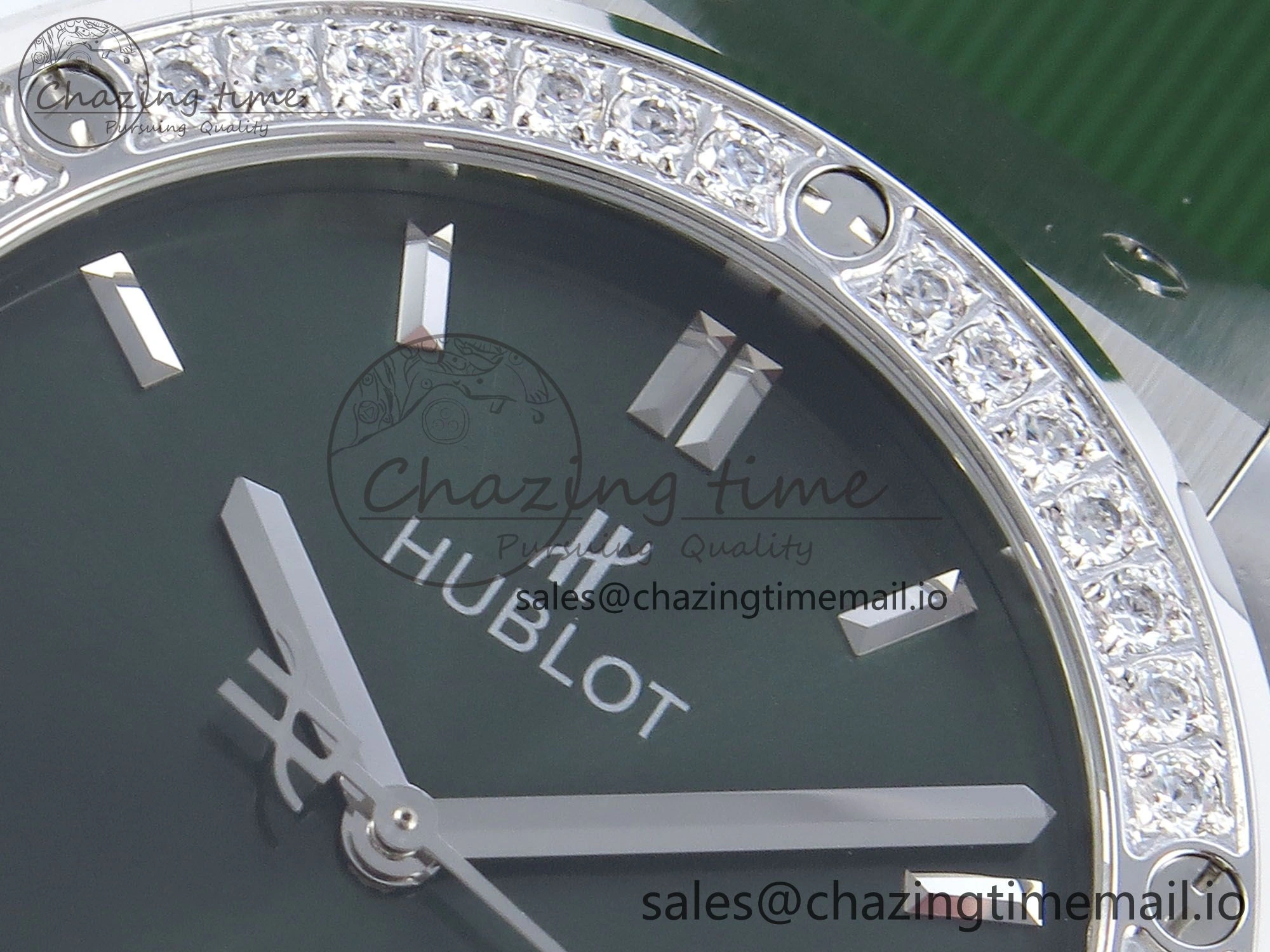 Classic Fusion Bang 42mm HBF 1:1 Best Edition Green Dial Diamonds Bezel on Green Rubber Strap A2892