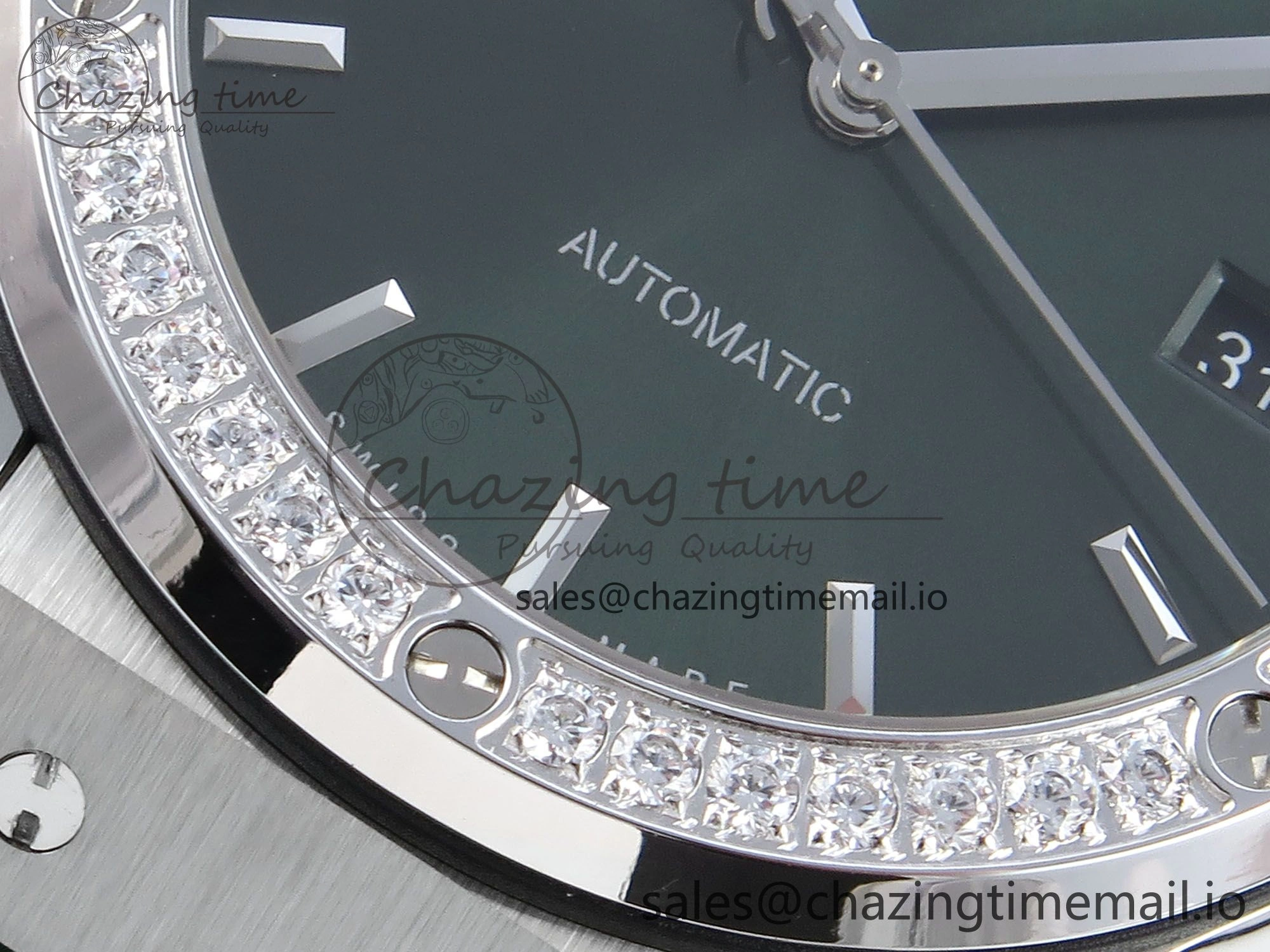 Classic Fusion Bang 42mm HBF 1:1 Best Edition Green Dial Diamonds Bezel on Green Rubber Strap A2892