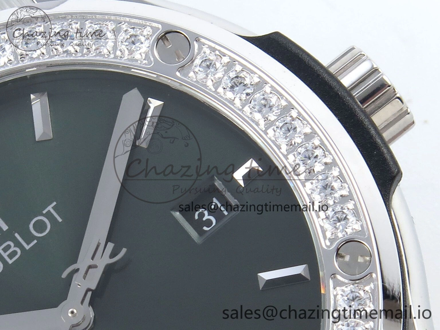 Classic Fusion Bang 42mm HBF 1:1 Best Edition Green Dial Diamonds Bezel on Green Rubber Strap A2892