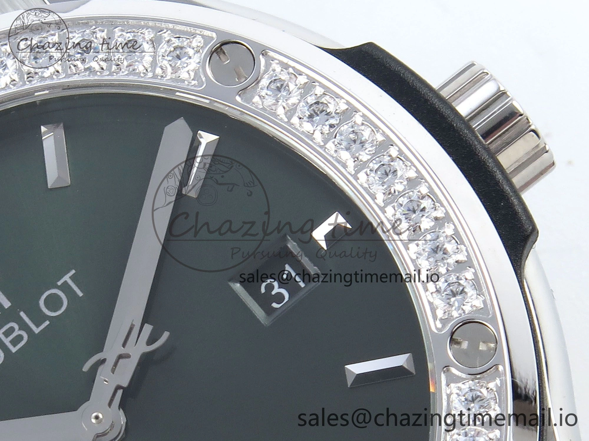 Classic Fusion Bang 42mm HBF 1:1 Best Edition Green Dial Diamonds Bezel on Green Rubber Strap A2892