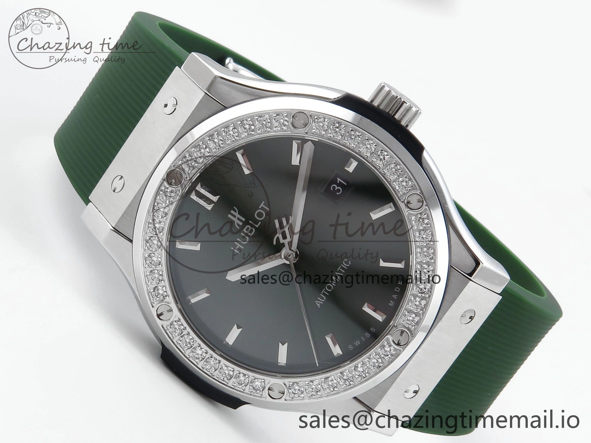 Classic Fusion Bang 42mm HBF 1:1 Best Edition Green Dial Diamonds Bezel on Green Rubber Strap A2892