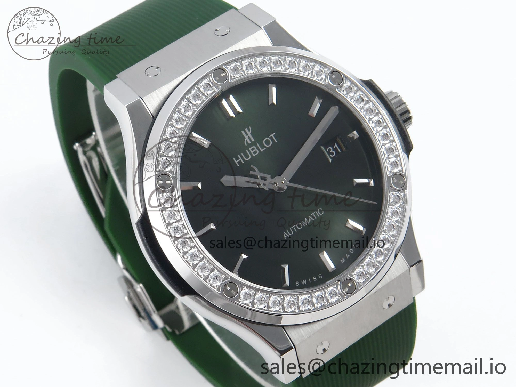 Classic Fusion Bang 42mm HBF 1:1 Best Edition Green Dial Diamonds Bezel on Green Rubber Strap A2892