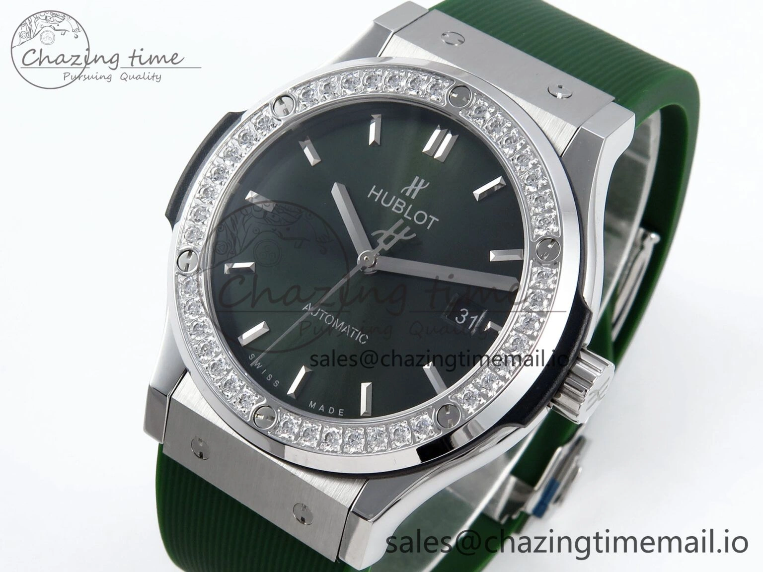 Classic Fusion Bang 42mm HBF 1:1 Best Edition Green Dial Diamonds Bezel on Green Rubber Strap A2892