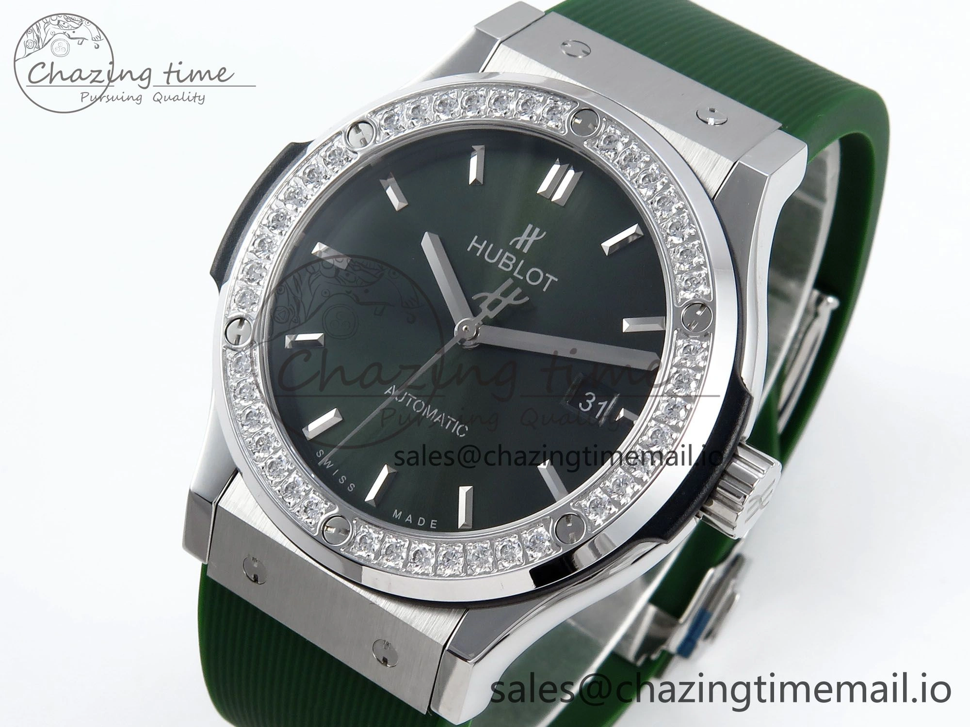 Classic Fusion Bang 42mm HBF 1:1 Best Edition Green Dial Diamonds Bezel on Green Rubber Strap A2892