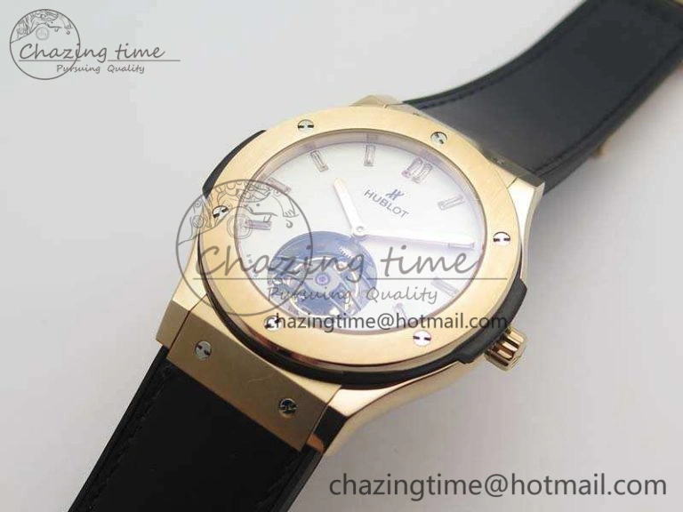 Classic Fusion Real Tourbillon 45mm RG TF Best Edition White Dial On Black Gummy Strap