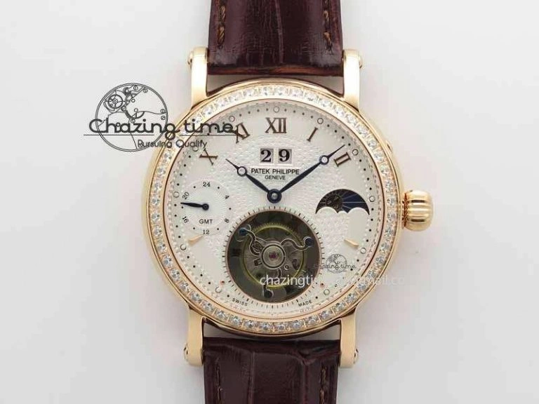 Classic Tourbillon Big Date RG White Textured Dial Diam Bezel On Brown Leather Strap