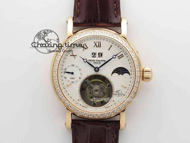 Classic Tourbillon Big Date RG White Textured Dial Diam Bezel On Brown Leather Strap