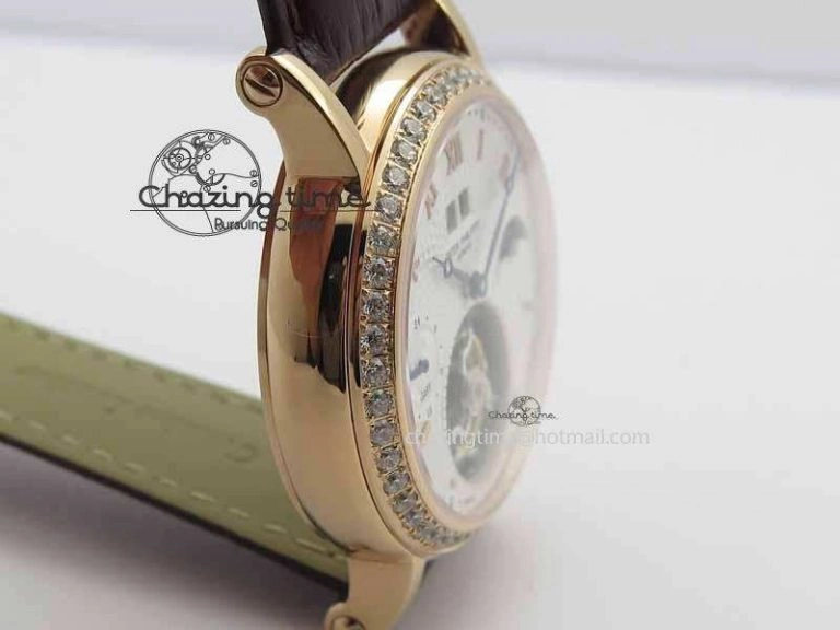 Classic Tourbillon Big Date RG White Textured Dial Diam Bezel On Brown Leather Strap