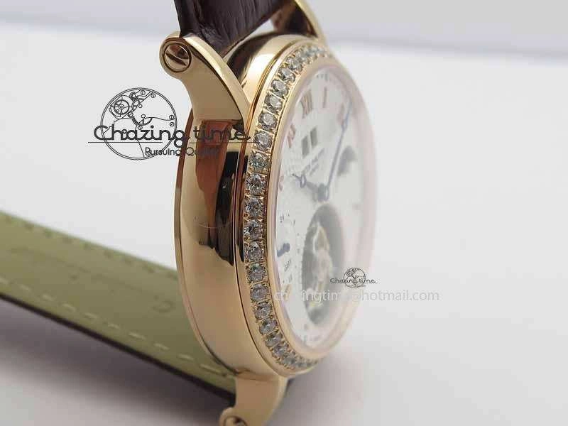 Classic Tourbillon Big Date RG White Textured Dial Diam Bezel On Brown Leather Strap