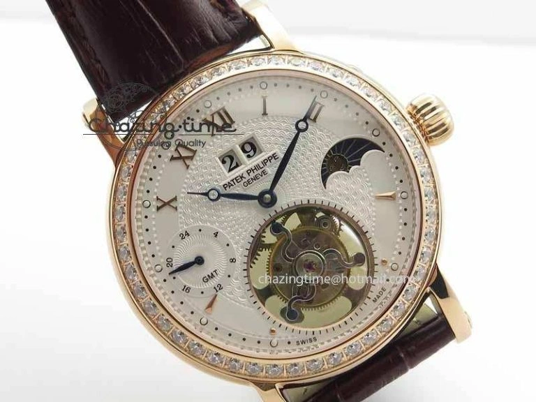 Classic Tourbillon Big Date RG White Textured Dial Diam Bezel On Brown Leather Strap