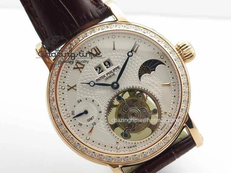 Classic Tourbillon Big Date RG White Textured Dial Diam Bezel On Brown Leather Strap