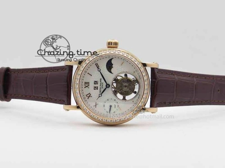 Classic Tourbillon Big Date RG White Textured Dial Diam Bezel On Brown Leather Strap