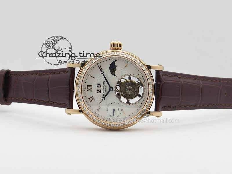 Classic Tourbillon Big Date RG White Textured Dial Diam Bezel On Brown Leather Strap