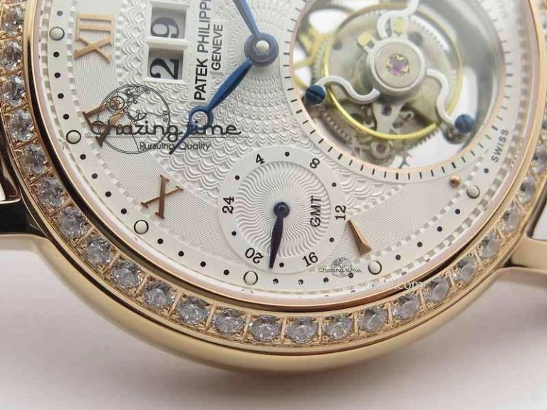 Classic Tourbillon Big Date RG White Textured Dial Diam Bezel On Brown Leather Strap