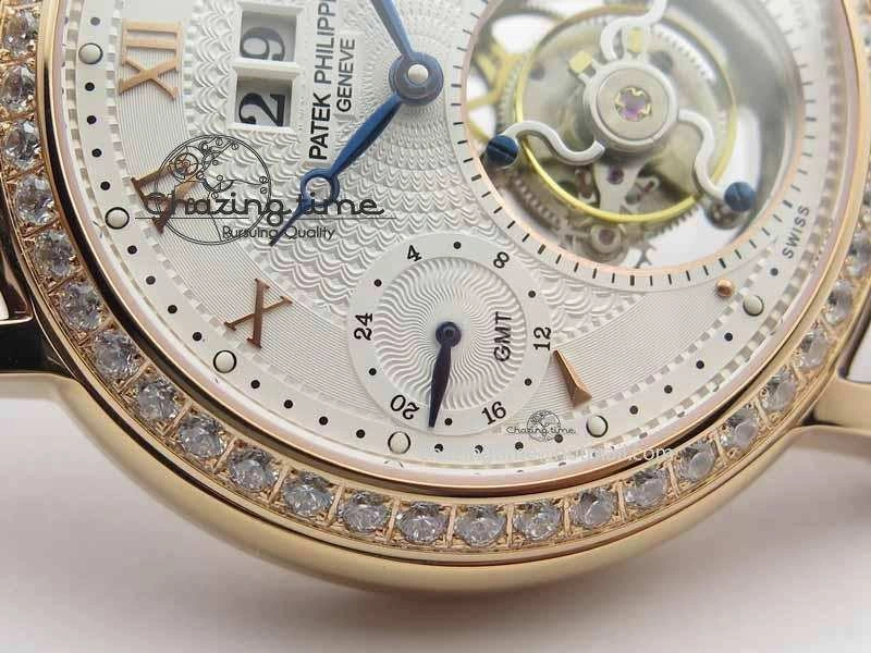 Classic Tourbillon Big Date RG White Textured Dial Diam Bezel On Brown Leather Strap