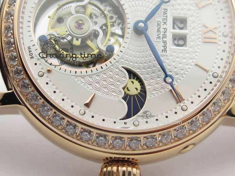 Classic Tourbillon Big Date RG White Textured Dial Diam Bezel On Brown Leather Strap