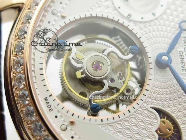 Classic Tourbillon Big Date RG White Textured Dial Diam Bezel On Brown Leather Strap