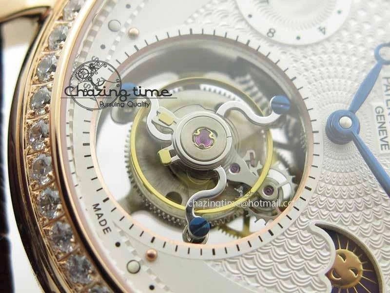 Classic Tourbillon Big Date RG White Textured Dial Diam Bezel On Brown Leather Strap
