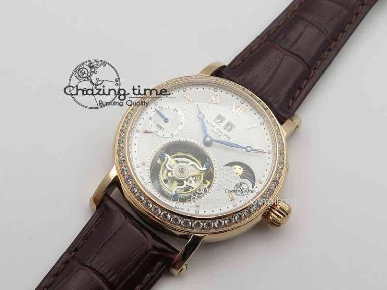 Classic Tourbillon Big Date RG White Textured Dial Diam Bezel On Brown Leather Strap