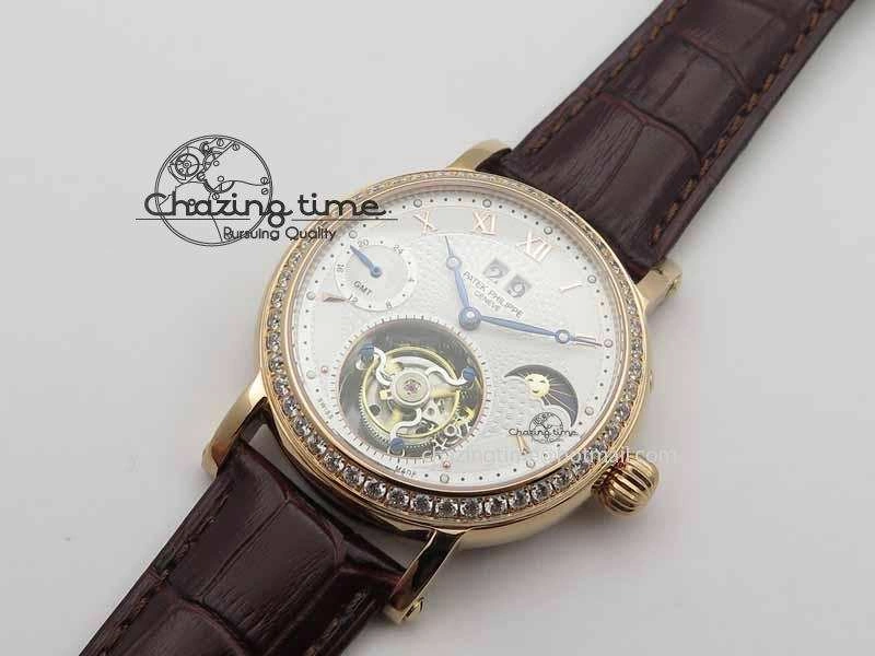 Classic Tourbillon Big Date RG White Textured Dial Diam Bezel On Brown Leather Strap