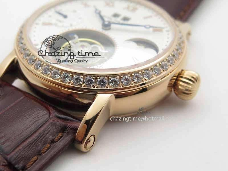 Classic Tourbillon Big Date RG White Textured Dial Diam Bezel On Brown Leather Strap