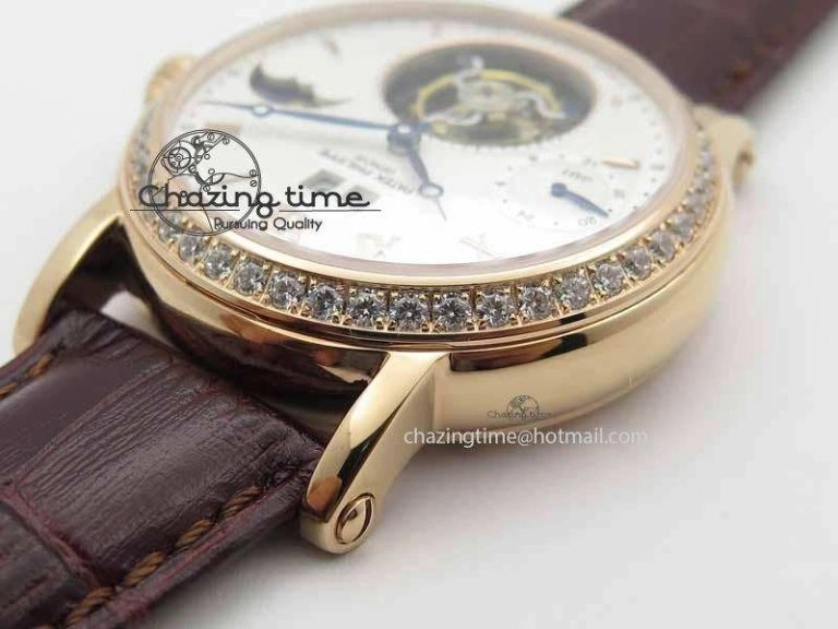 Classic Tourbillon Big Date RG White Textured Dial Diam Bezel On Brown Leather Strap
