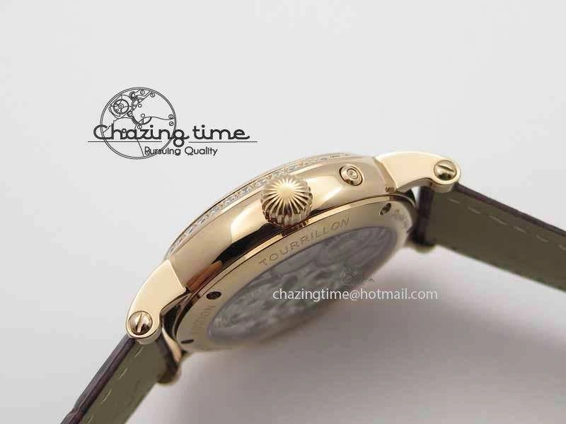 Classic Tourbillon Big Date RG White Textured Dial Diam Bezel On Brown Leather Strap