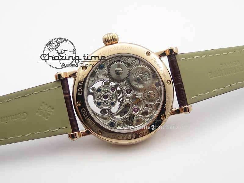 Classic Tourbillon Big Date RG White Textured Dial Diam Bezel On Brown Leather Strap