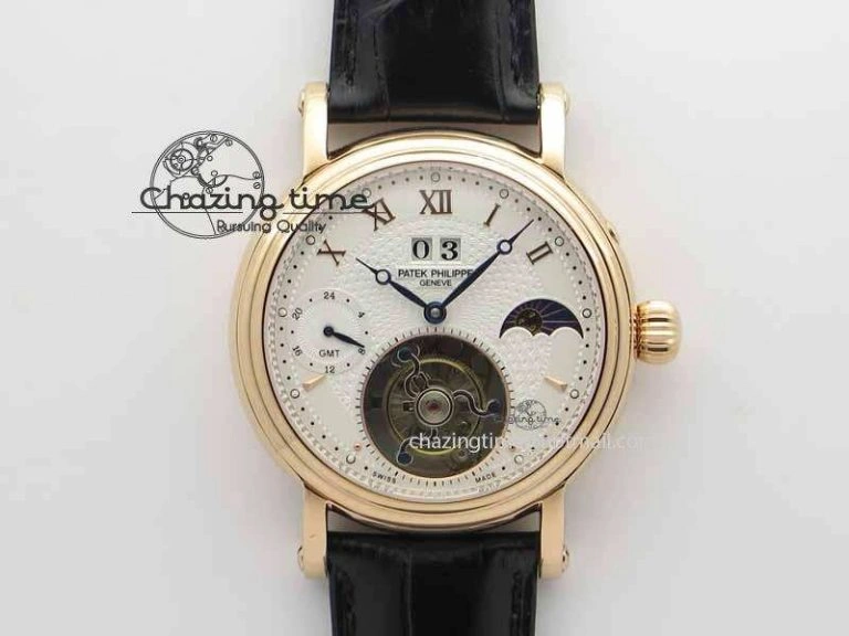 Classic Tourbillon Big Date RG White Textured Dial On Black Leather Strap